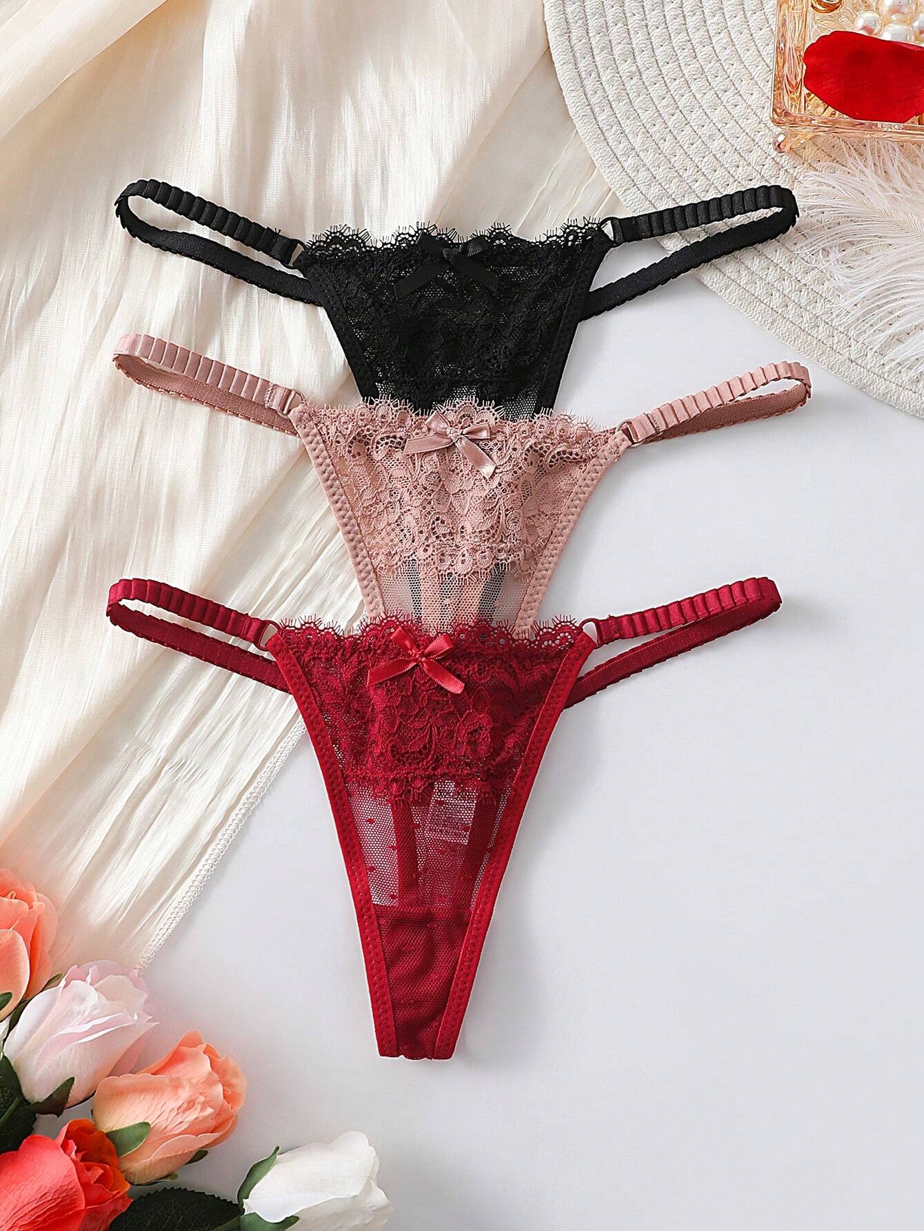 Women's Contrast Lace Bow Decor Sexy Thong Panties