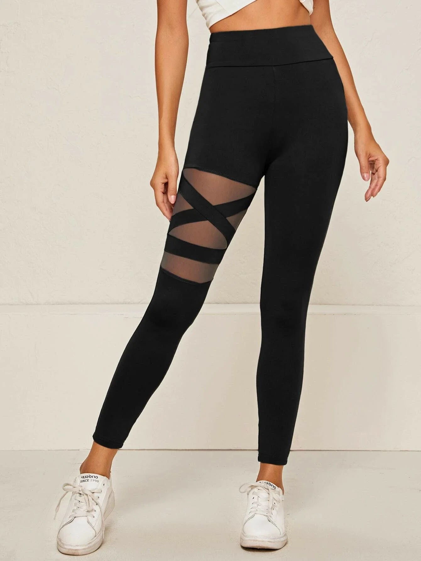 SHEIN Mulvari Wide Waistband Mesh Insert Leggings XS Black