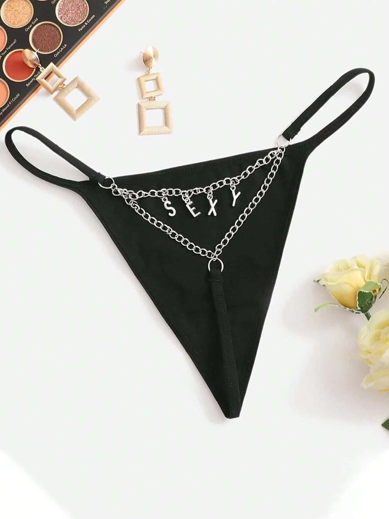 Custom Thong G-Strings With Gold Charms Name Personalized Charm Thong Black 2 One-Size