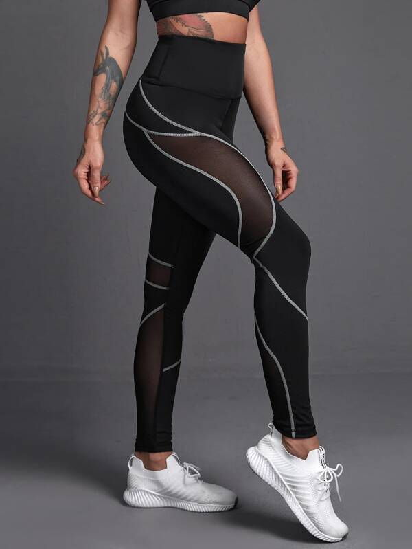 Mesh Panel Topstitching Sports Leggings Black