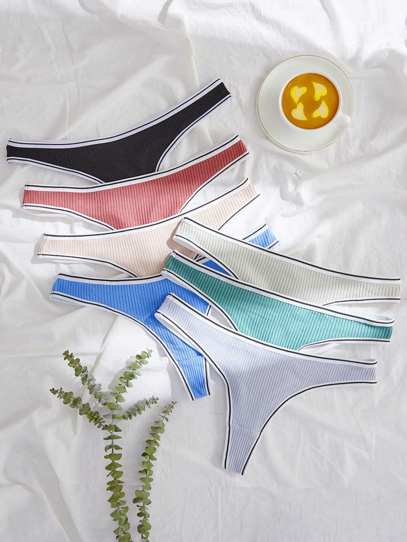 7pack Contrast Binding Ribbed Knit Thong