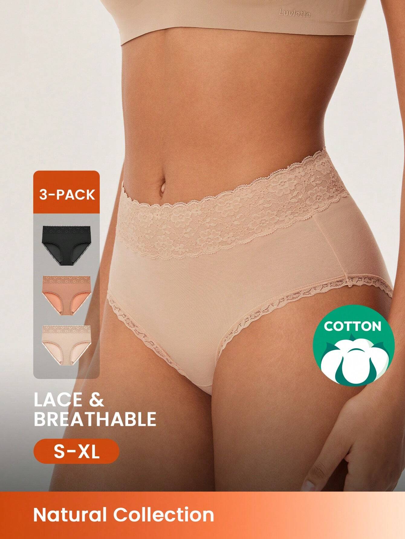 LUVLETTE 3-Pack High-Rise Cotton Girly Women's Underwear Briefs Panty Set Multicolor 2