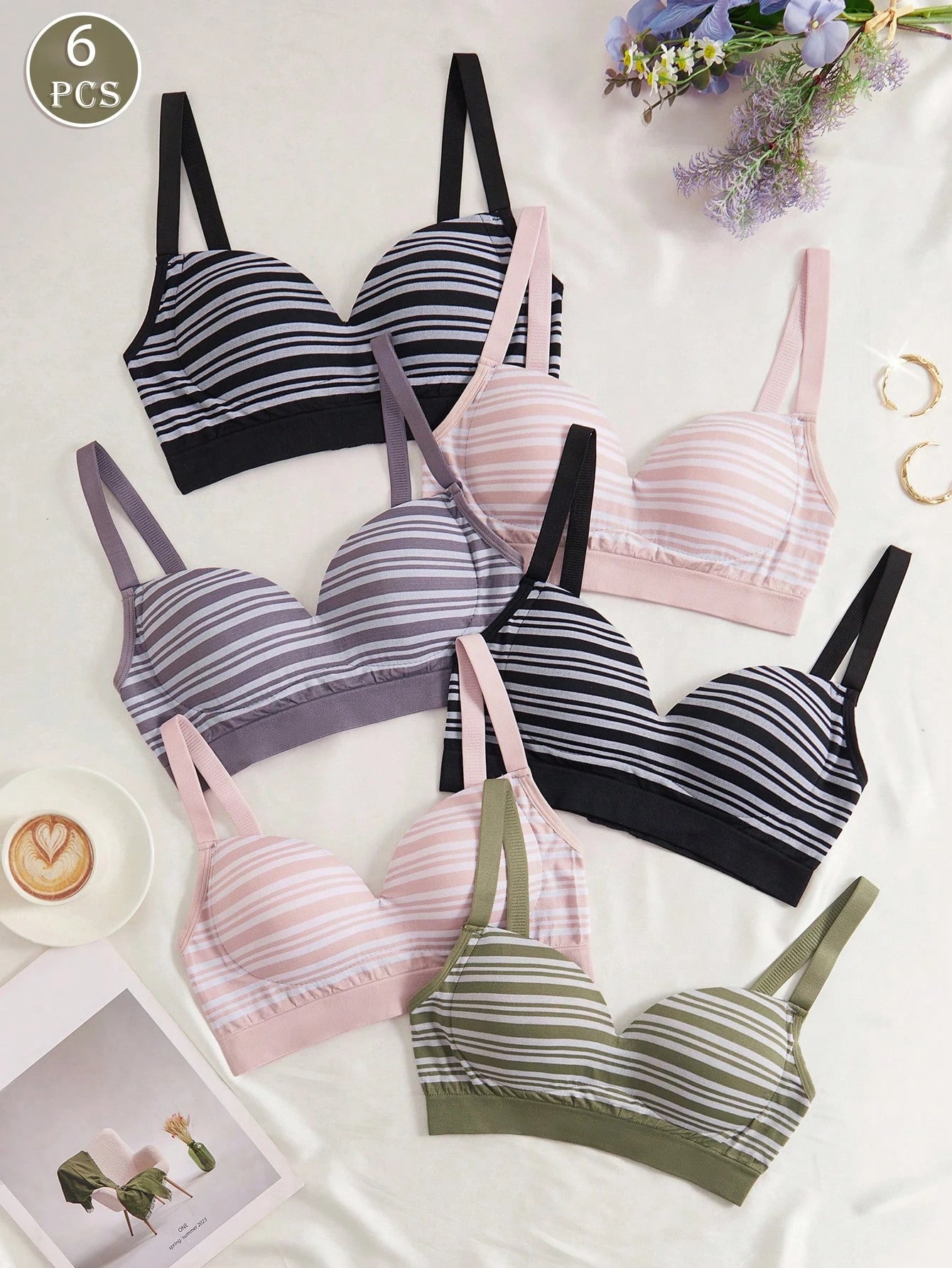 6pcs Set Classic Stripe Wireless Non-Padded Lingerie Bras