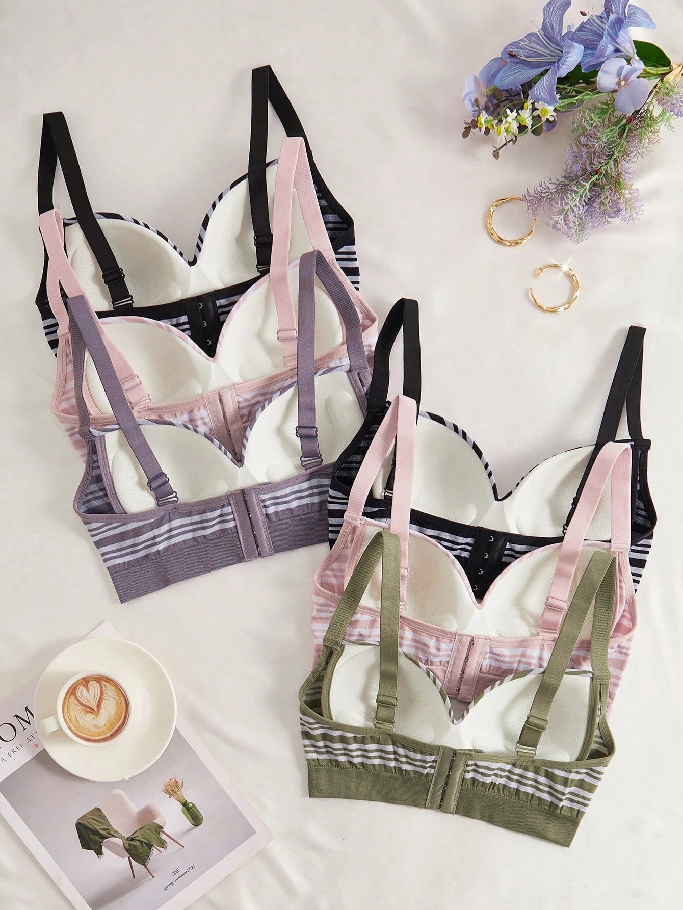 6pcs Set Classic Stripe Wireless Non-Padded Lingerie Bras