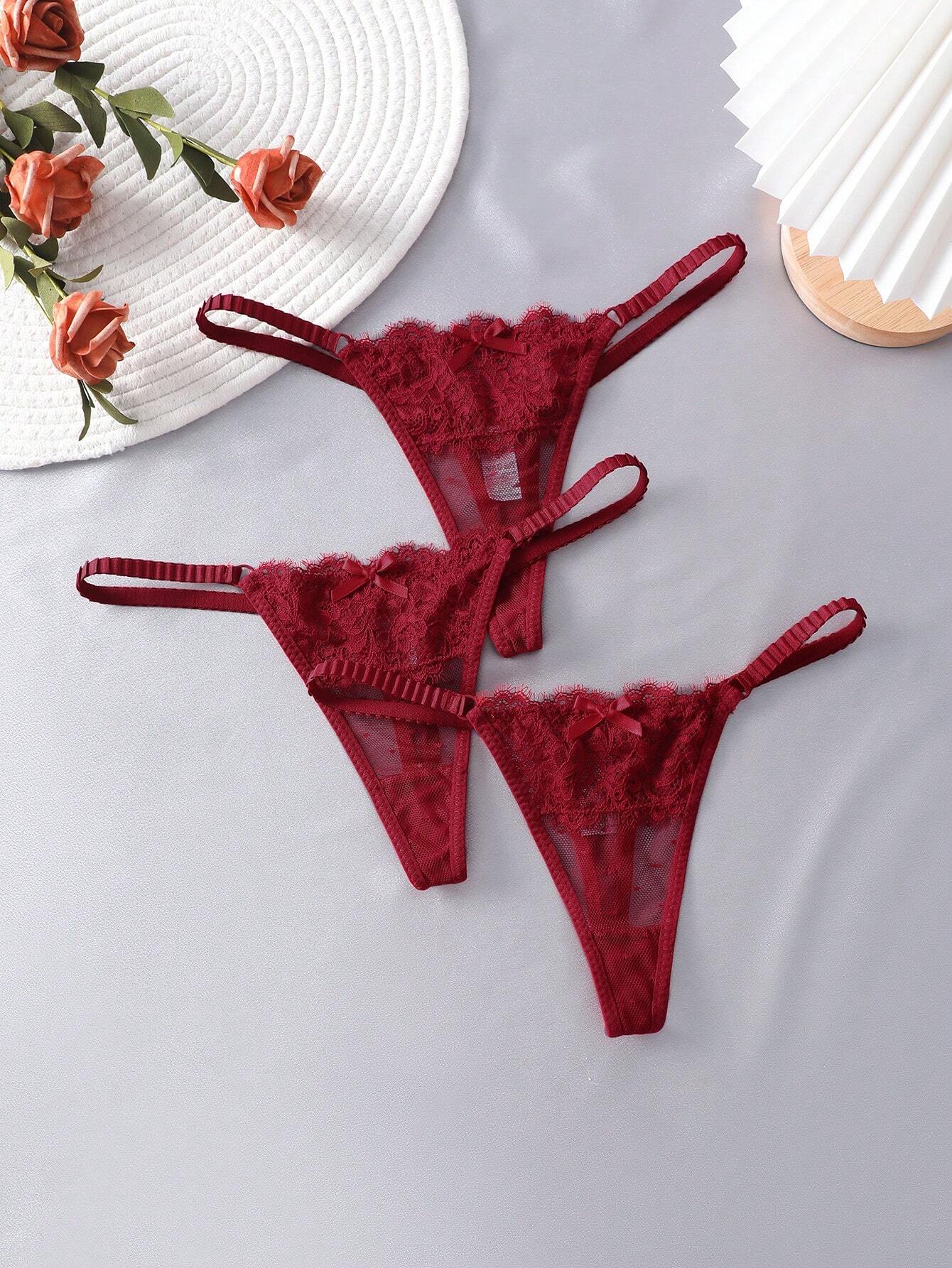 Women's Contrast Lace Bow Decor Sexy Thong Panties