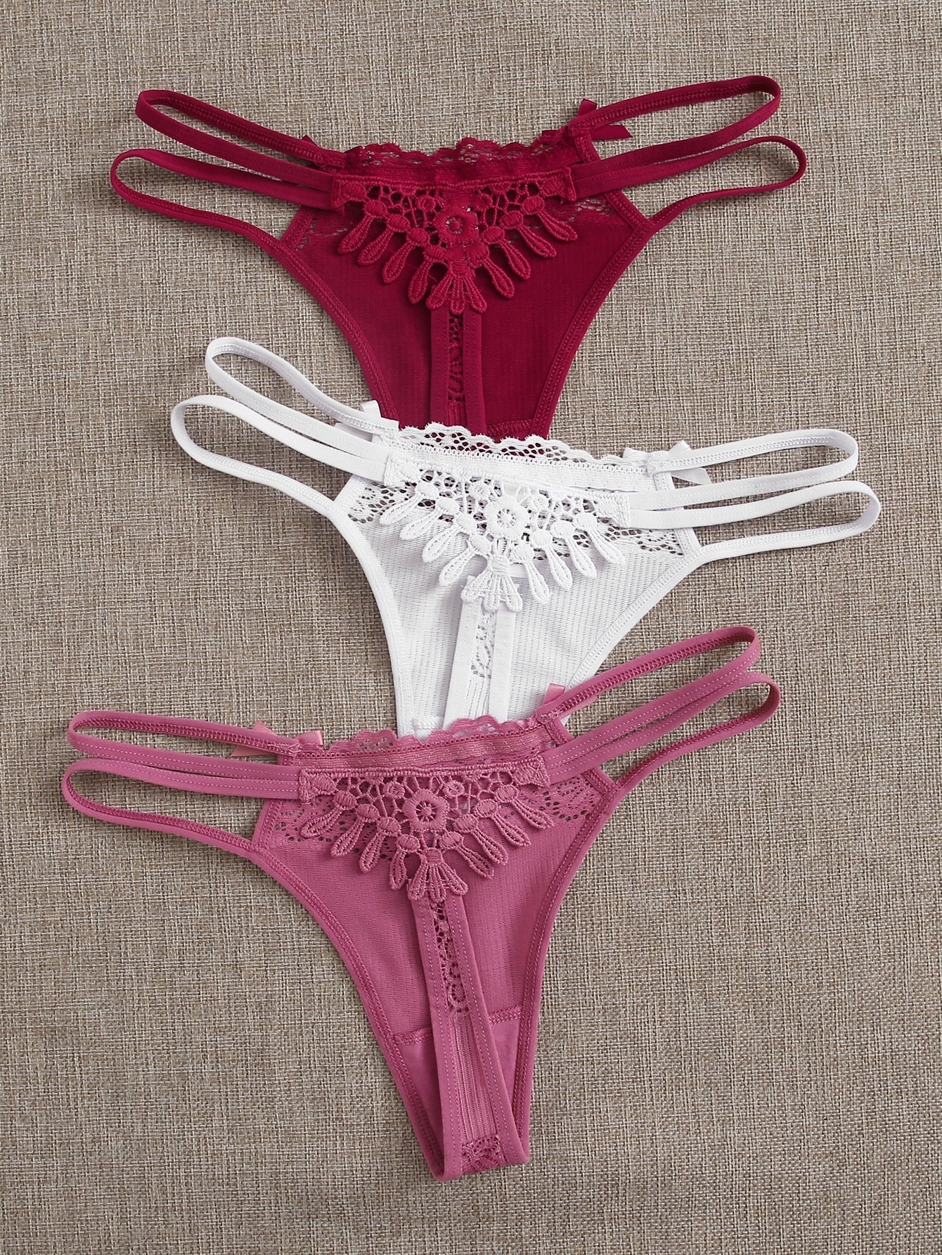 Ribbed Bow Accent Thong Panty Set - 3 Pack