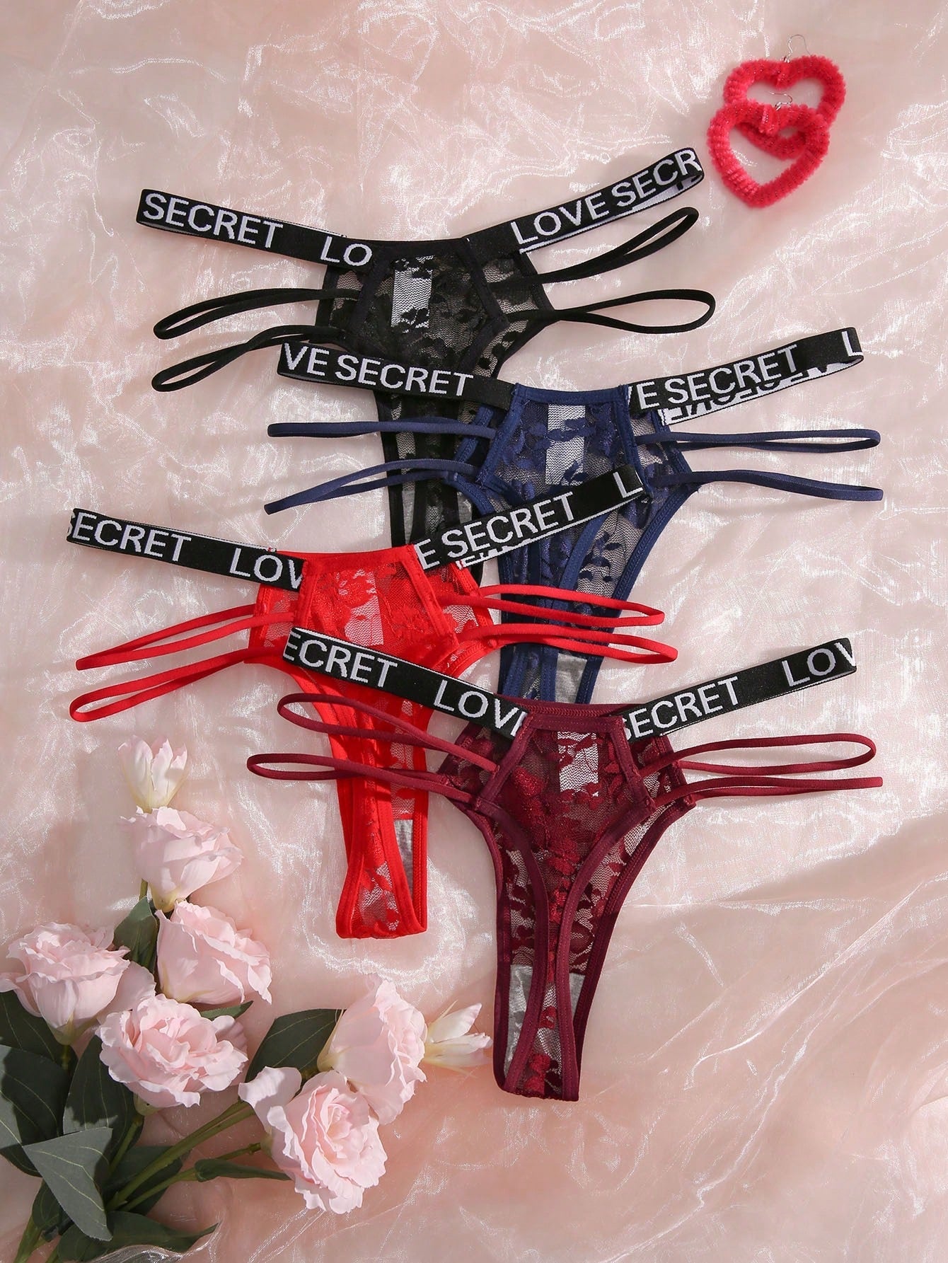 4pack Floral Lace Letter Tape Panty