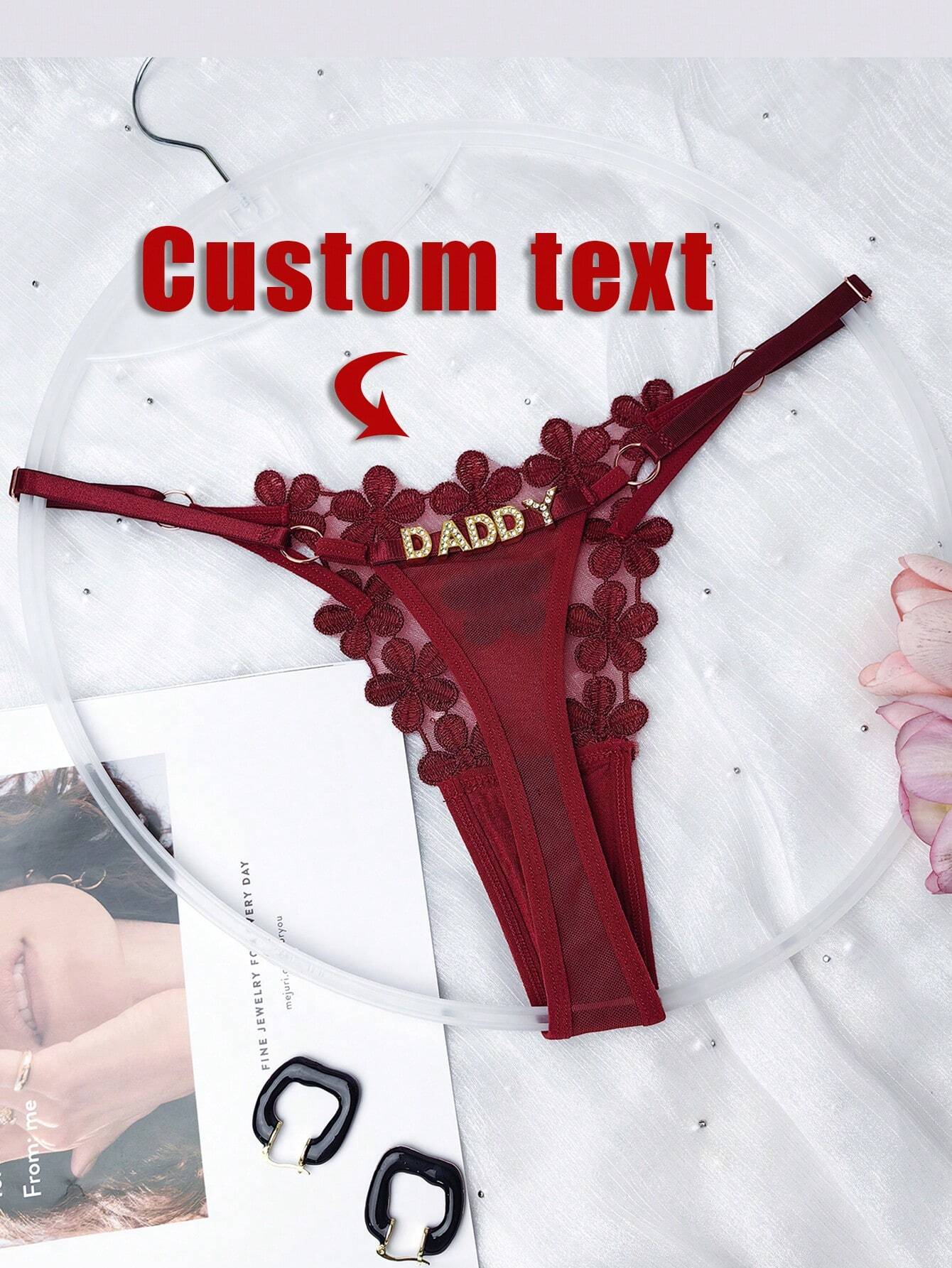 Custom Thong G-Strings With Gold Charms Name Personalized Charm Thong Burgundy 2 One-Size