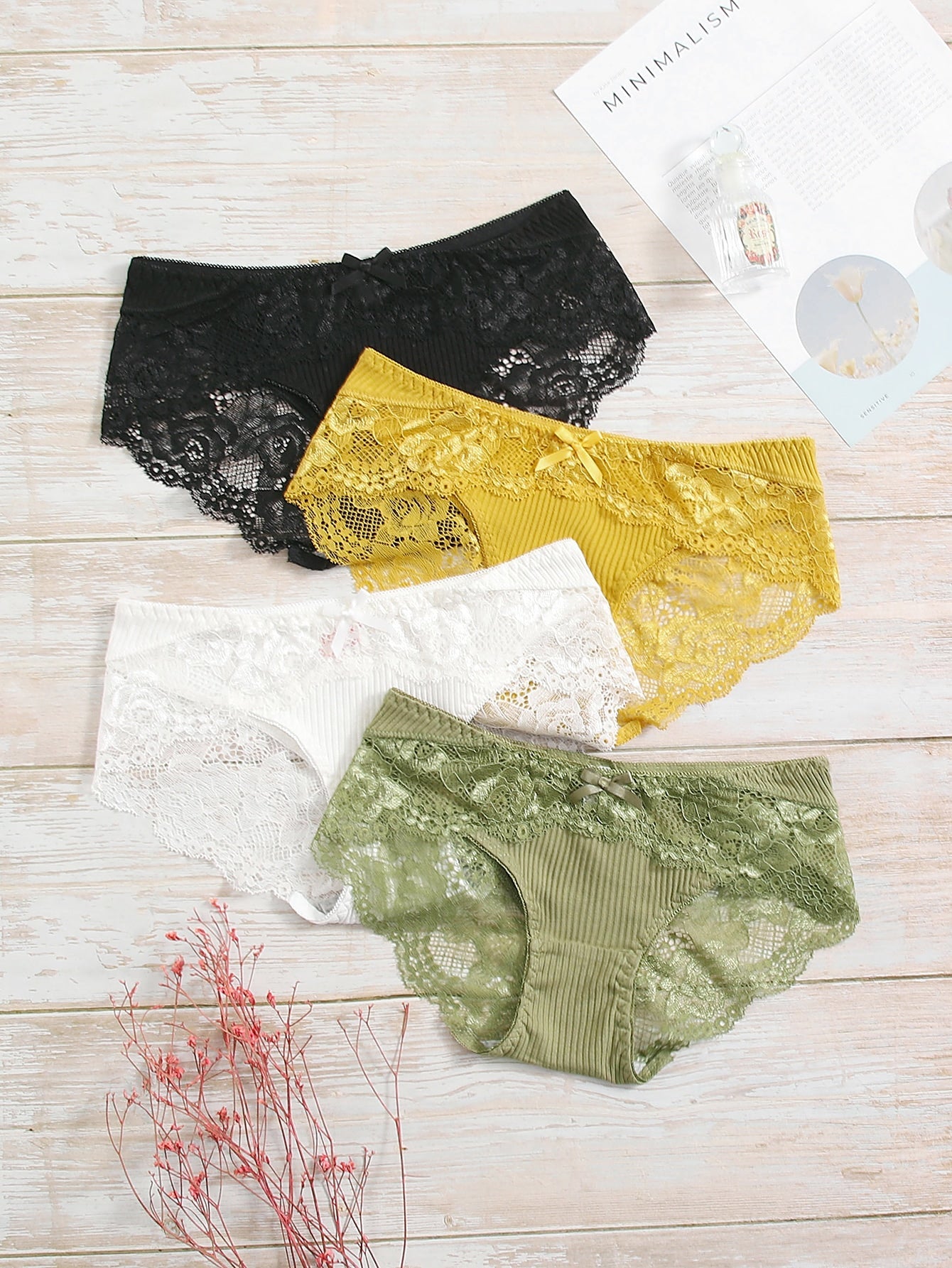 4pack Contrast Floral Lace Rib Panty