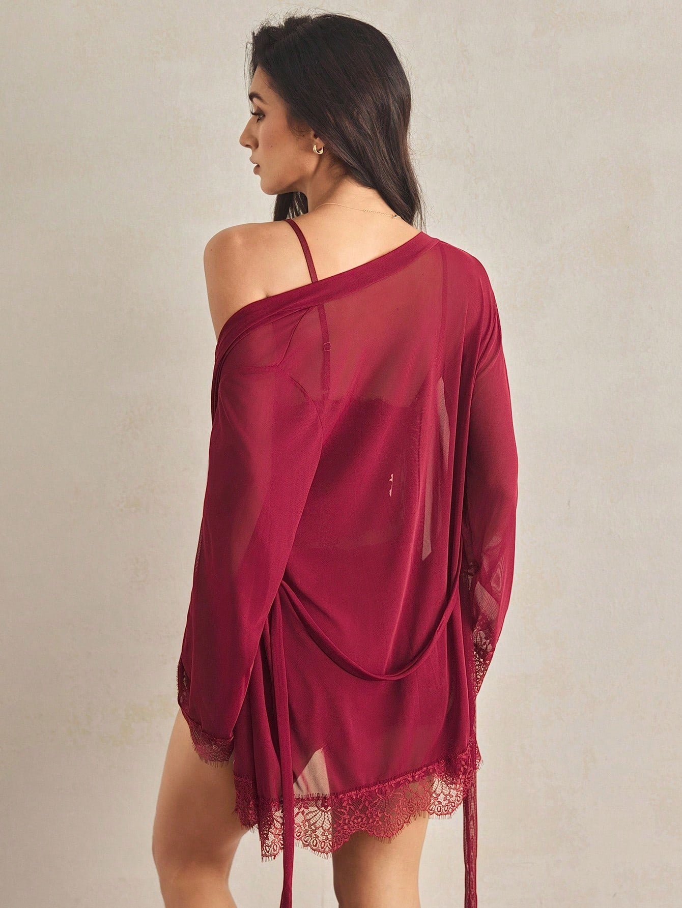 3pack Contrast Lace Mesh Lingerie Set & Robe & Belt