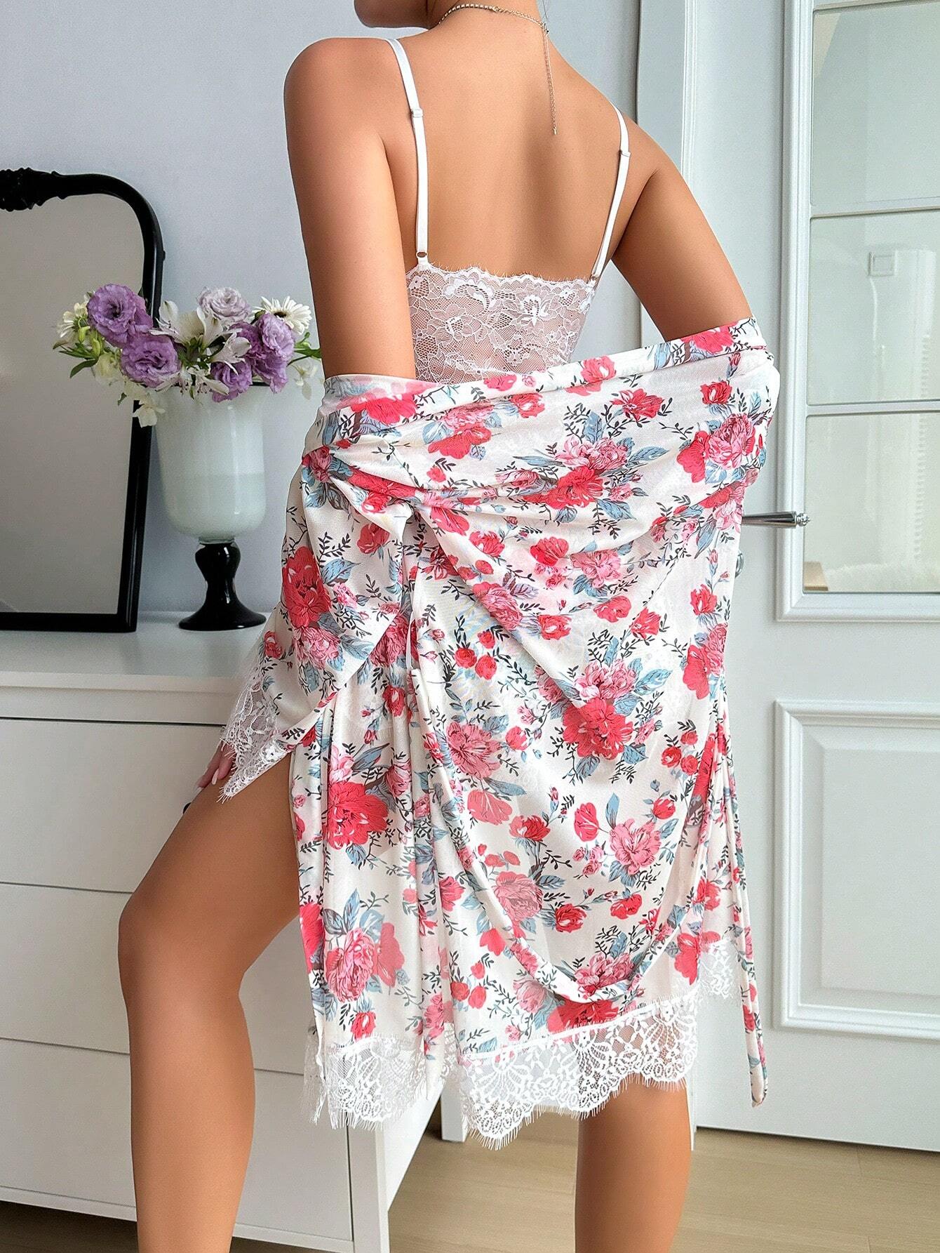 3pack Contrast Lace Mesh Lingerie Set & Robe & Belt