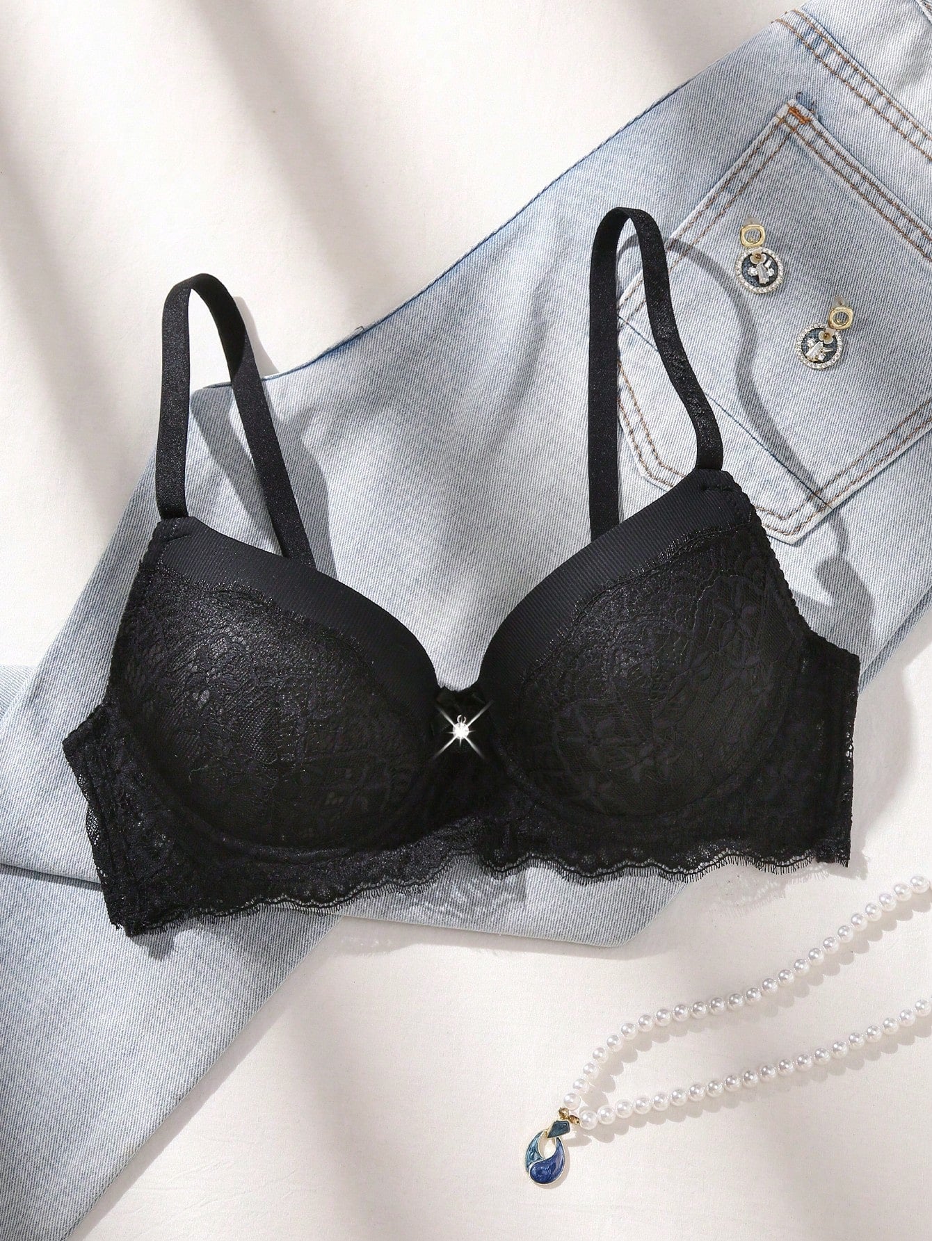 1pc Contrast Lace Sexy Push-Up Romantic Underwire Bra Set