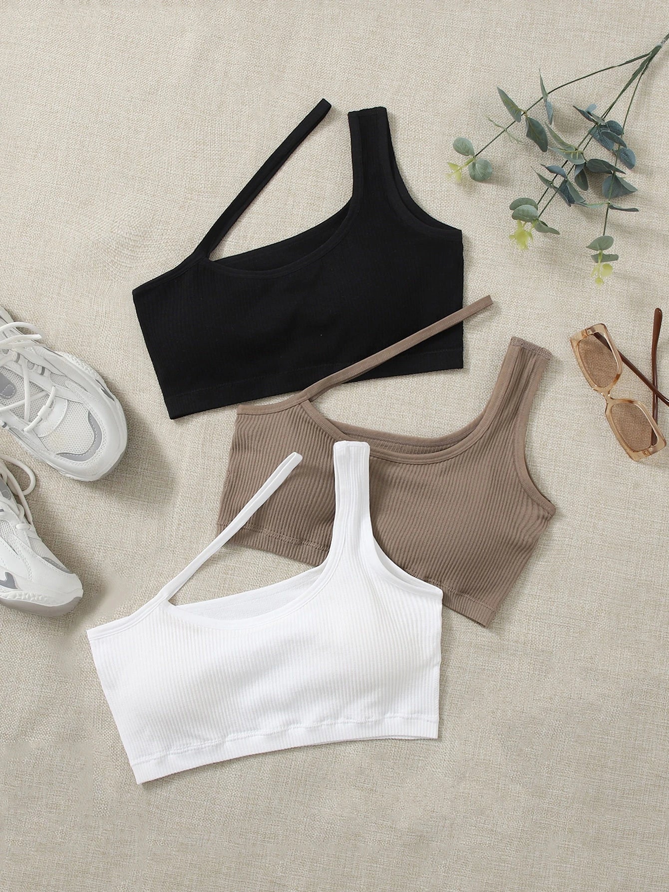 Sport 3pcs One Shoulder Ribbed Knit Sports Bra