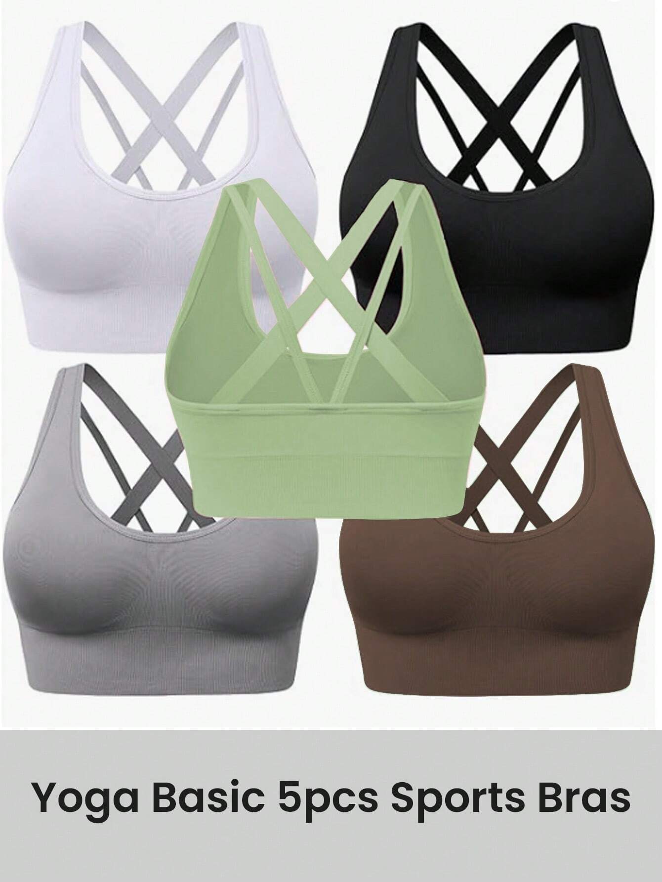 5pcs Women Solid Color Sleeveless Hollow Minimalist Seamless Sports Bra Set