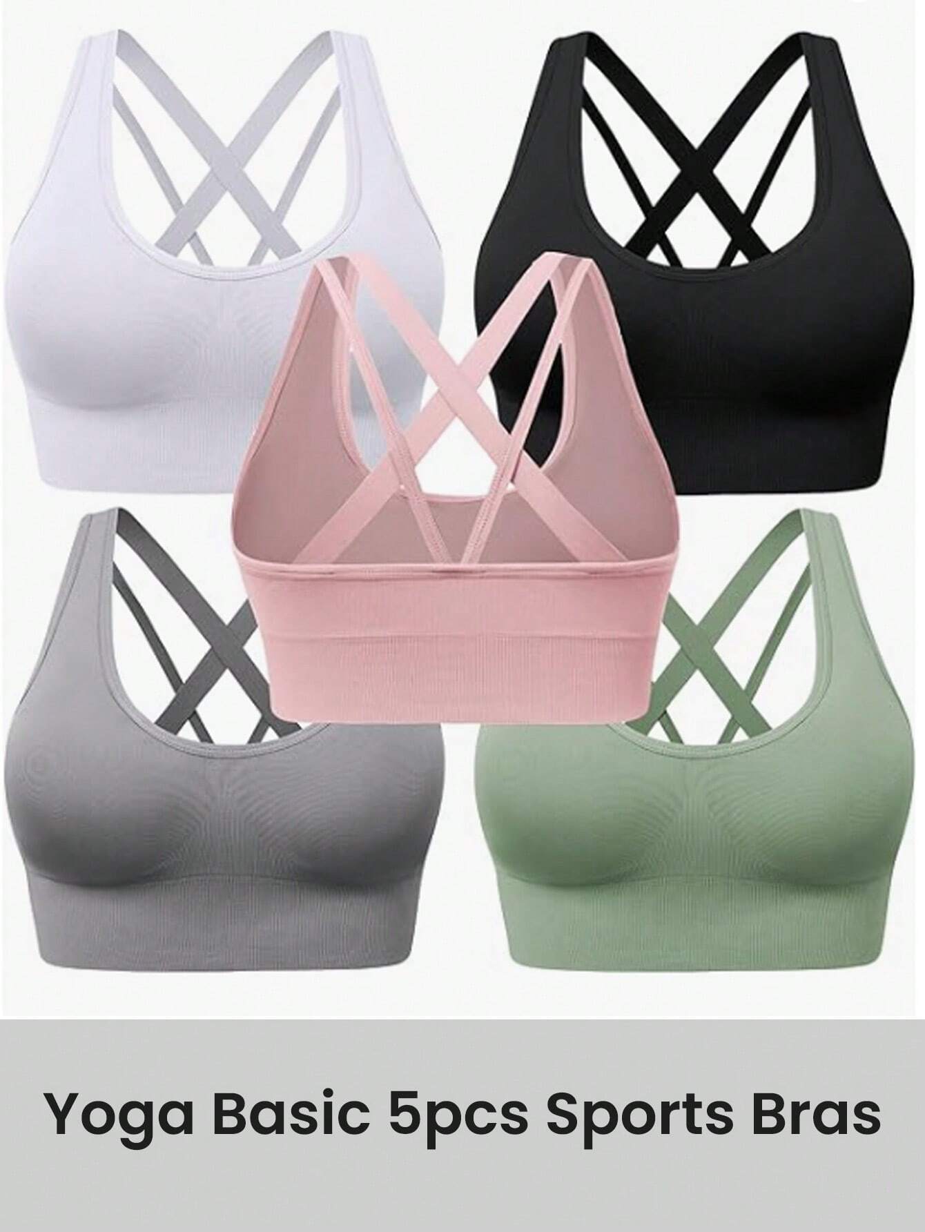 5pcs Women Solid Color Sleeveless Hollow Minimalist Seamless Sports Bra Set