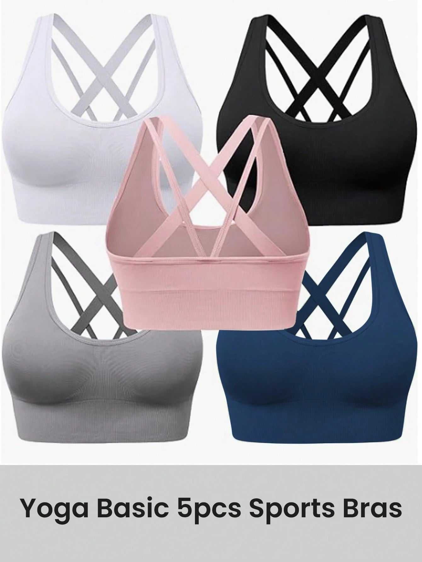 5pcs Women Solid Color Sleeveless Hollow Minimalist Seamless Sports Bra Set
