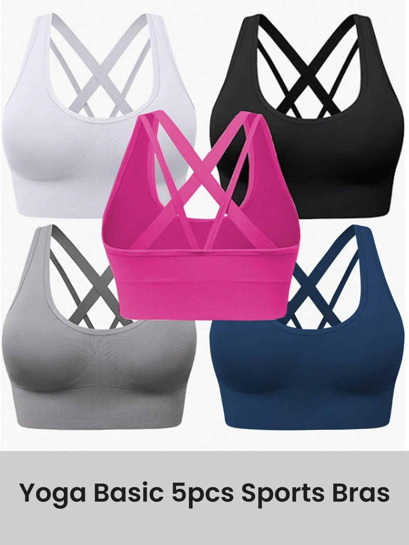 5pcs Women Solid Color Sleeveless Hollow Minimalist Seamless Sports Bra Set