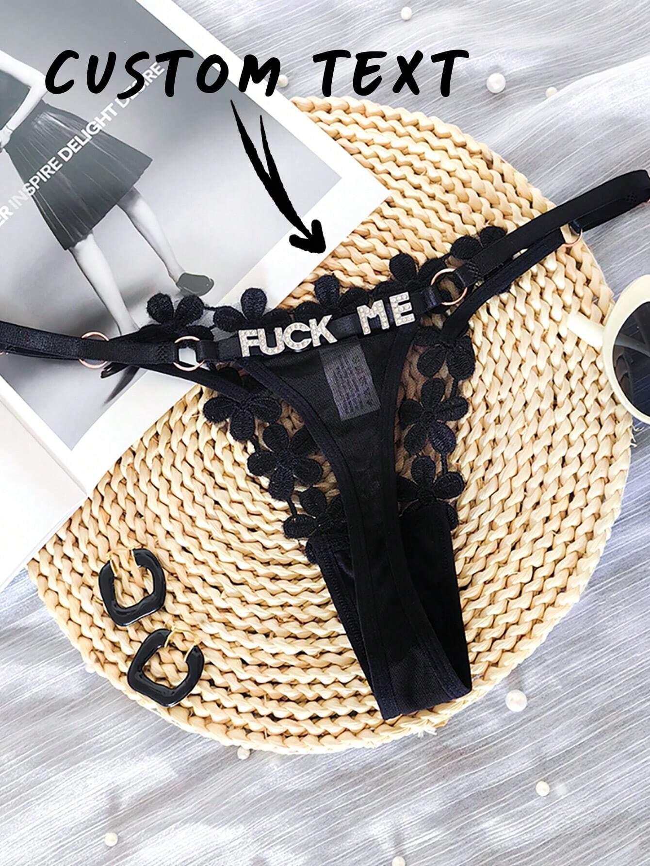 Custom Thong G-Strings With Gold Charms Name Personalized Charm Thong Black One-Size