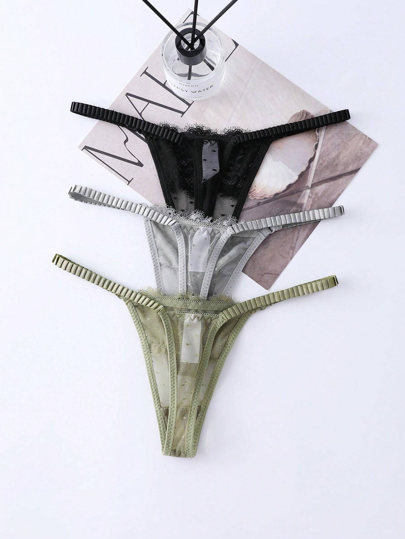 Women's Contrast Lace Bow Decor Sexy Thong Panties