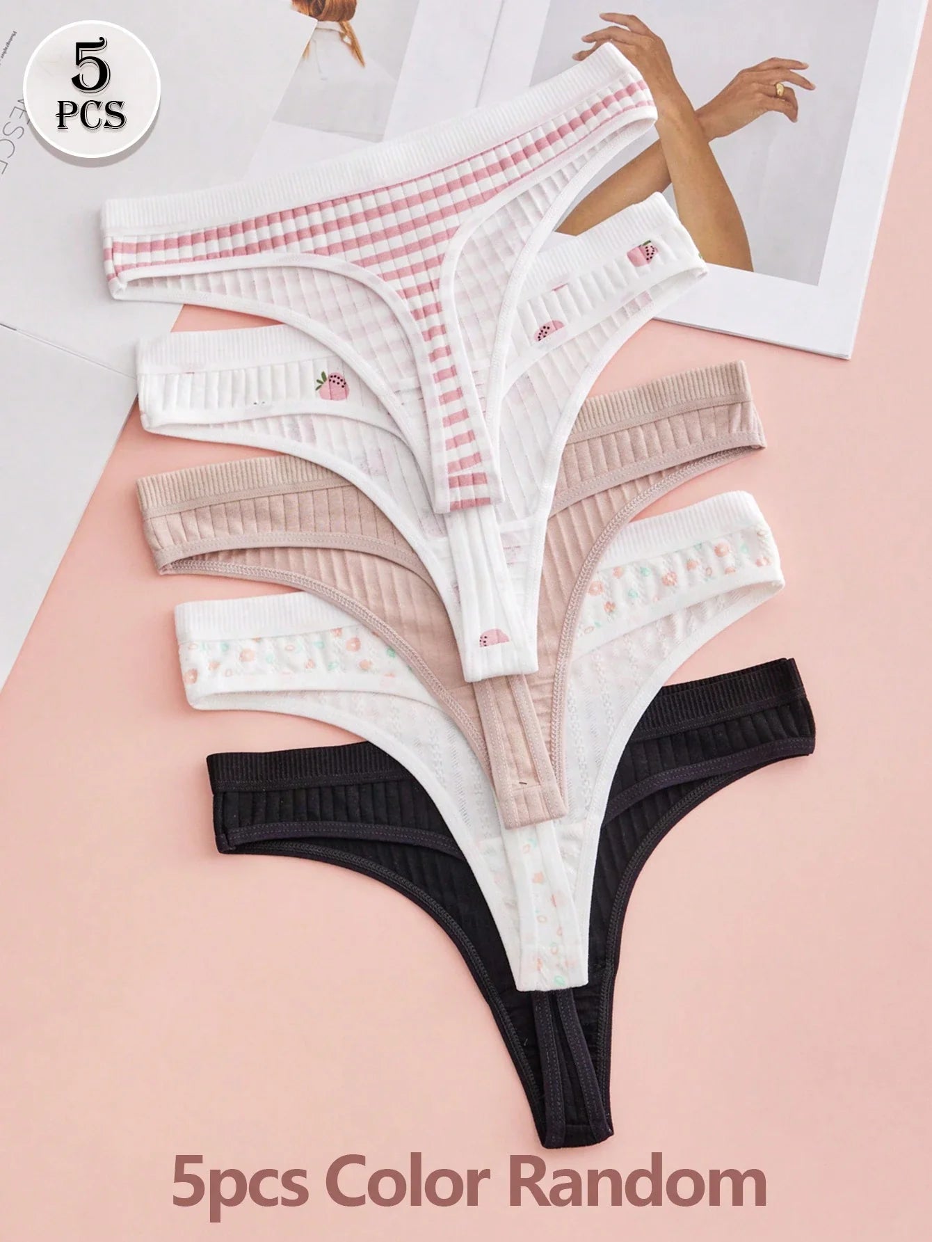 5PCS Sexy Underwear Printed Cute Thong Bow