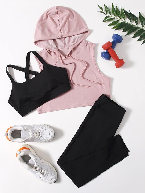 3pcs Fitness Gym Set Criss Cross Sports Cami &amp; Drawstring Hoodie &amp; Leggings Multicolor