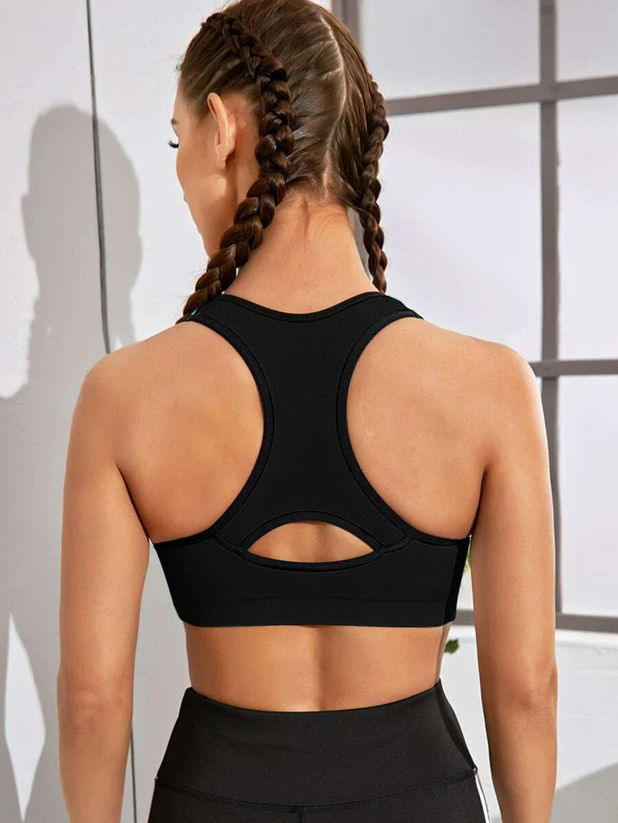 Cut Out Racer Back Contrast Binding Sports Bra Black