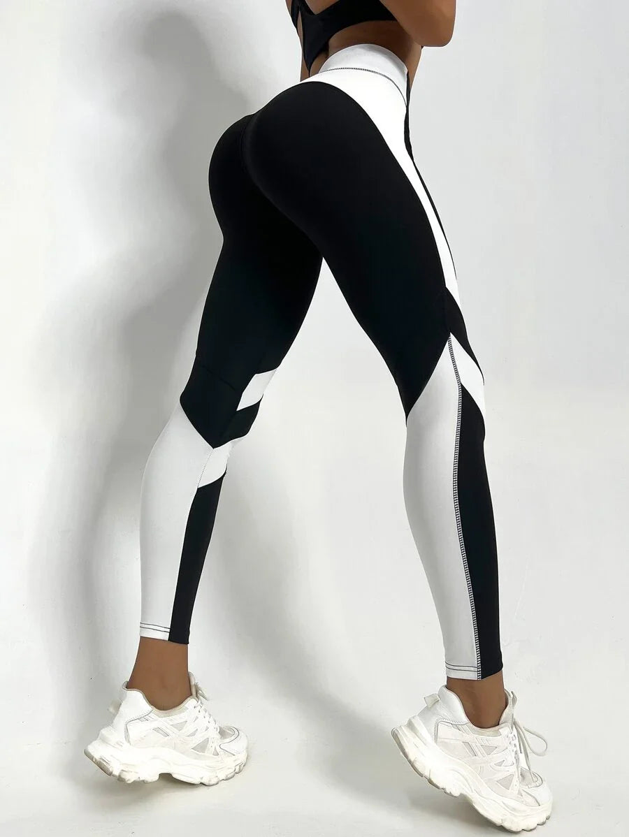 Two Tone Yoga Leggings Tummy Control Sports Tights Black & White