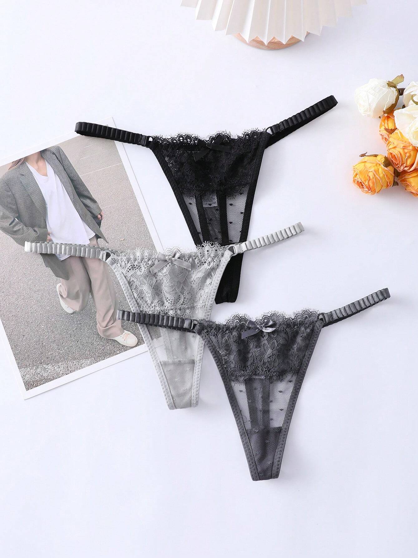 Women's Contrast Lace Bow Decor Sexy Thong Panties
