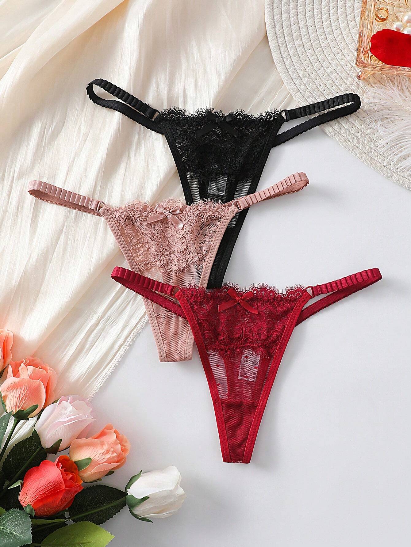 Women's Contrast Lace Bow Decor Sexy Thong Panties