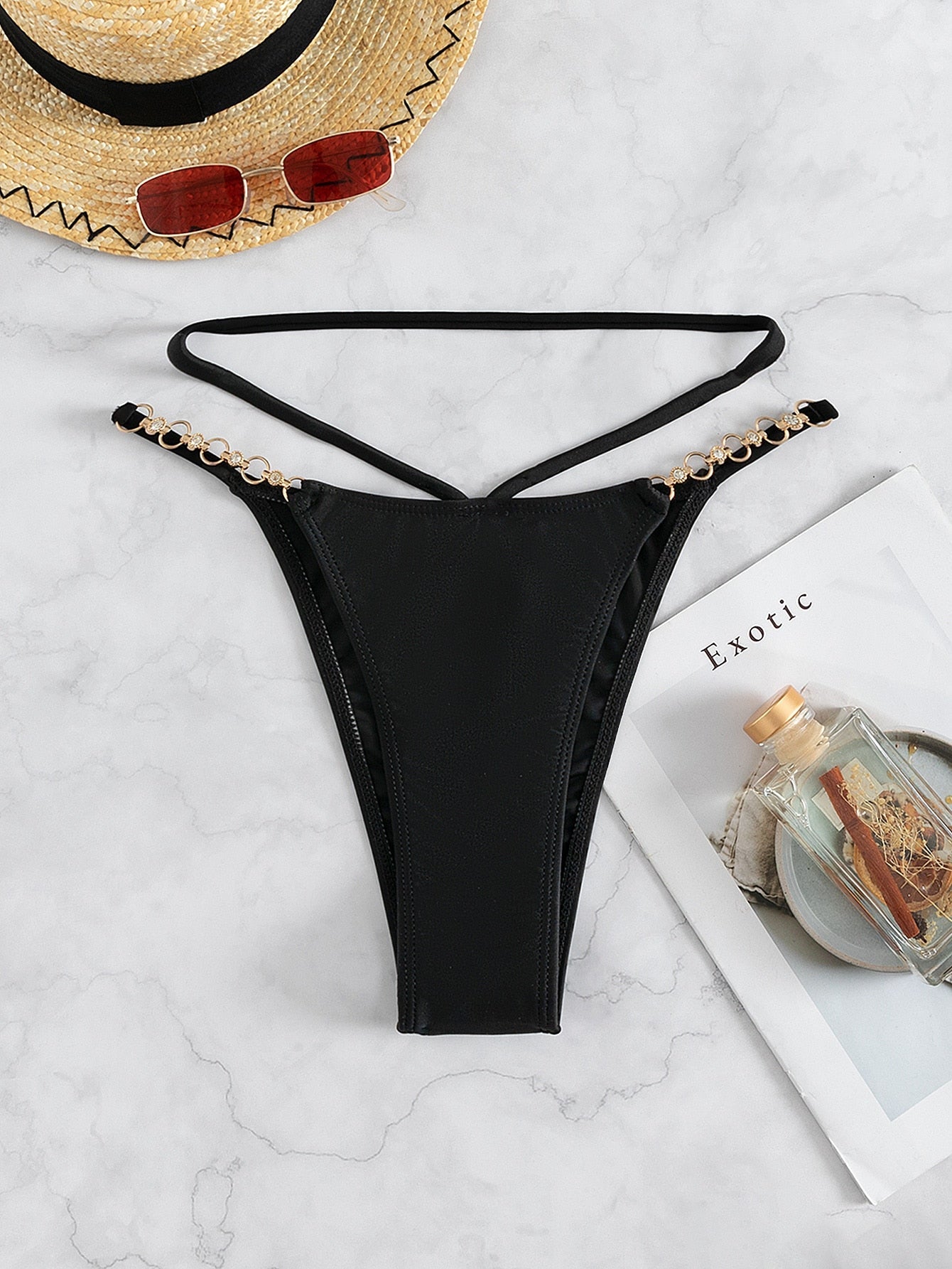 Chain Detail Cut Out Thong Bikini Bottom