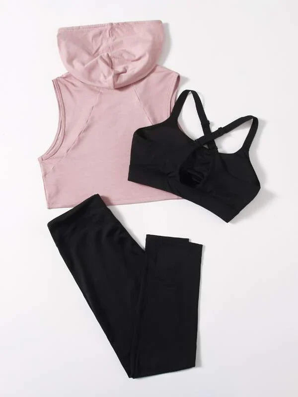3pcs Fitness Gym Set Criss Cross Sports Cami &amp; Drawstring Hoodie &amp; Leggings