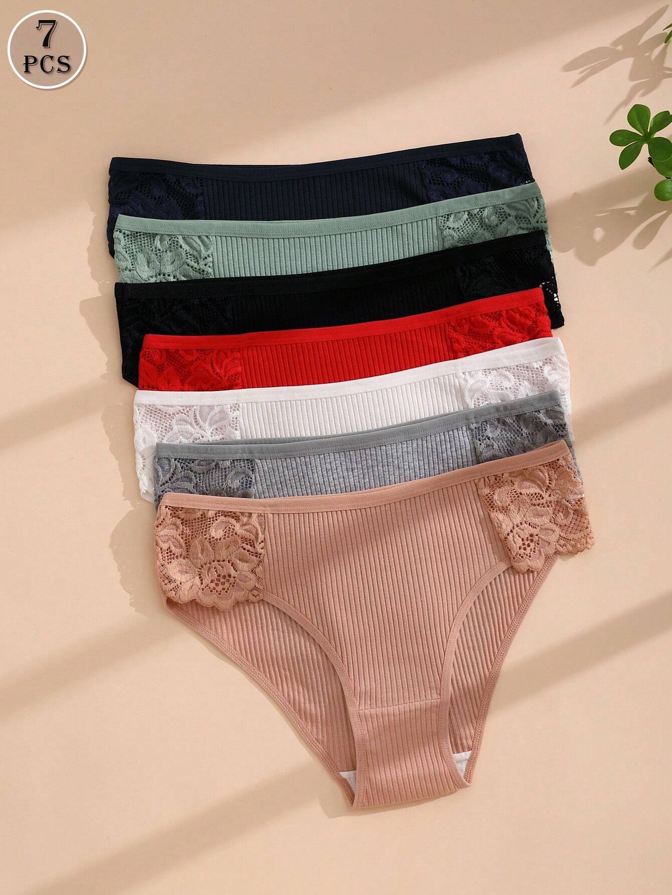 7pcs/Set Women's Solid Color Low-Rise Lace Breathable Triangle Panties For Teen Girls