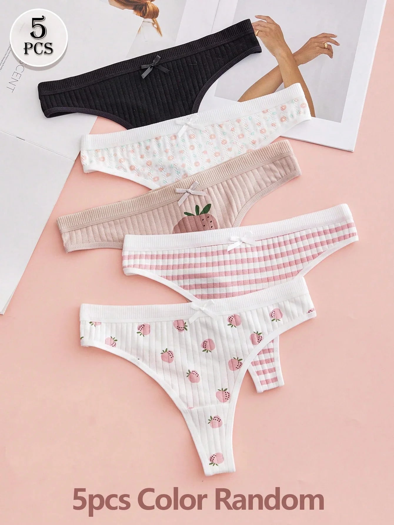 5PCS Sexy Underwear Printed Cute Thong Bow Multicolor